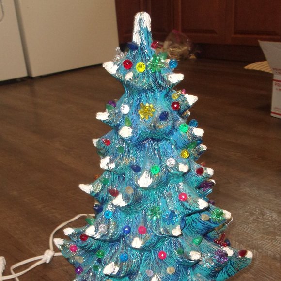 Vintage blue glitter frosted ceramic Christmas tree light up electric flowers
